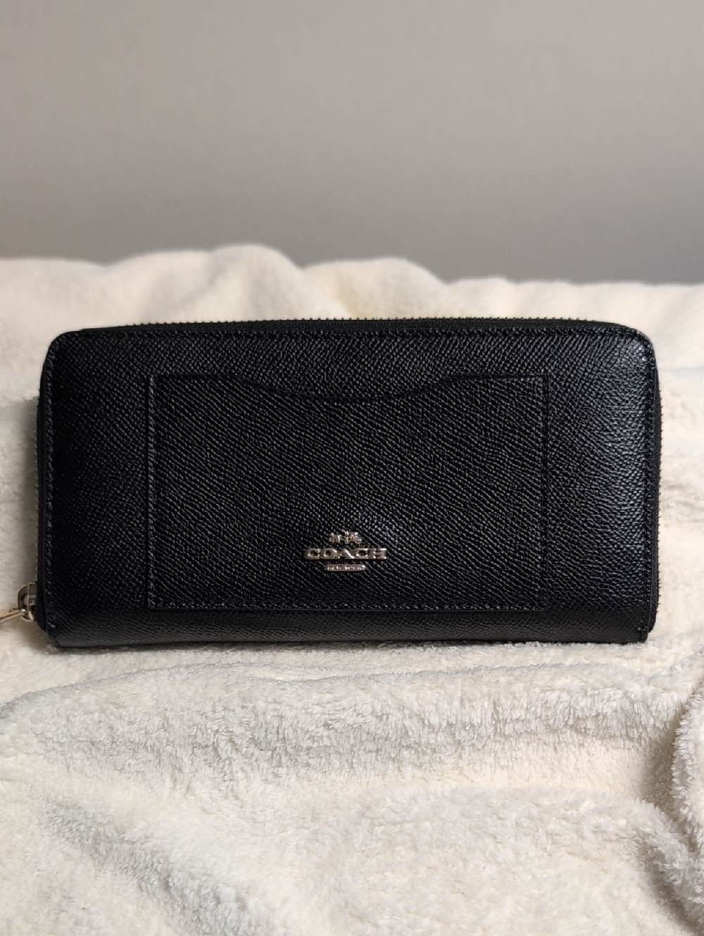 Coach Black Zip Around Saffiano Leather Wallet with Gold Coach Logo